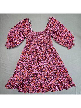 XS Womens Smocked Floral Dress Pink/Purple Long Sleeve Linen Blend Boho Milkmaid